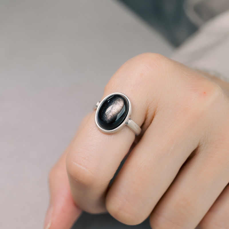 Natural Silver Sheen Obsidian 925 Sterling Silver Adjustable Statement Ring