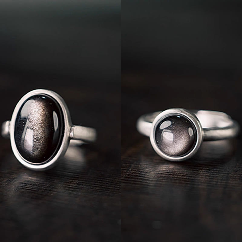 Natural Silver Sheen Obsidian 925 Sterling Silver Adjustable Statement Ring