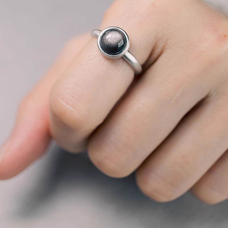 Natural Silver Sheen Obsidian 925 Sterling Silver Adjustable Statement Ring