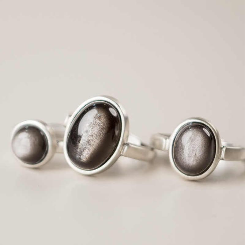Natural Silver Sheen Obsidian 925 Sterling Silver Adjustable Statement Ring