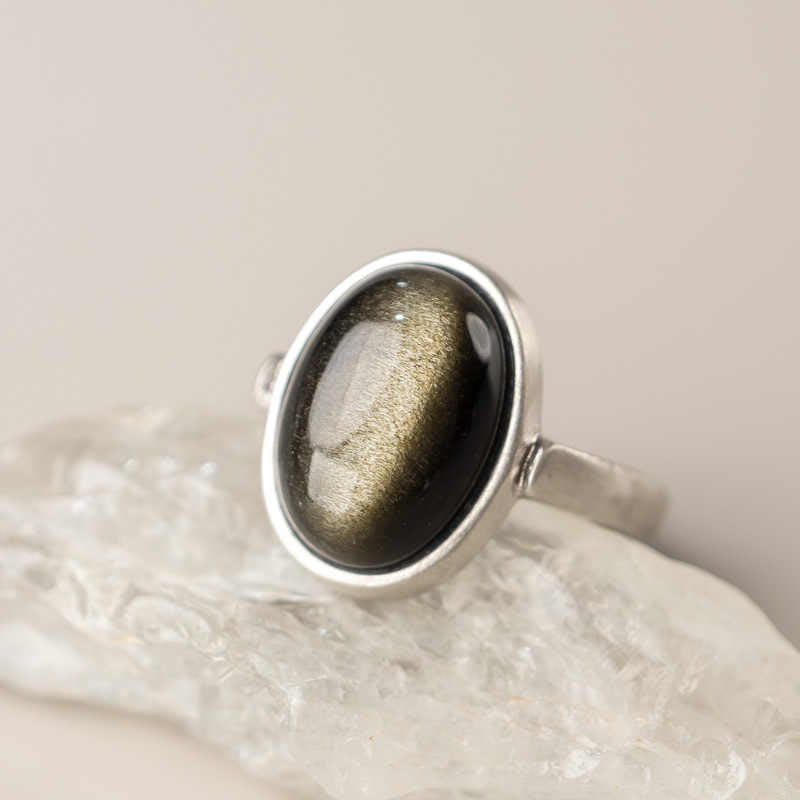Natural Gold Sheen Obsidian 925 Sterling Silver Adjustable Minimalist Ring