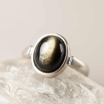 Natural Gold Sheen Obsidian 925 Sterling Silver Adjustable Minimalist Ring