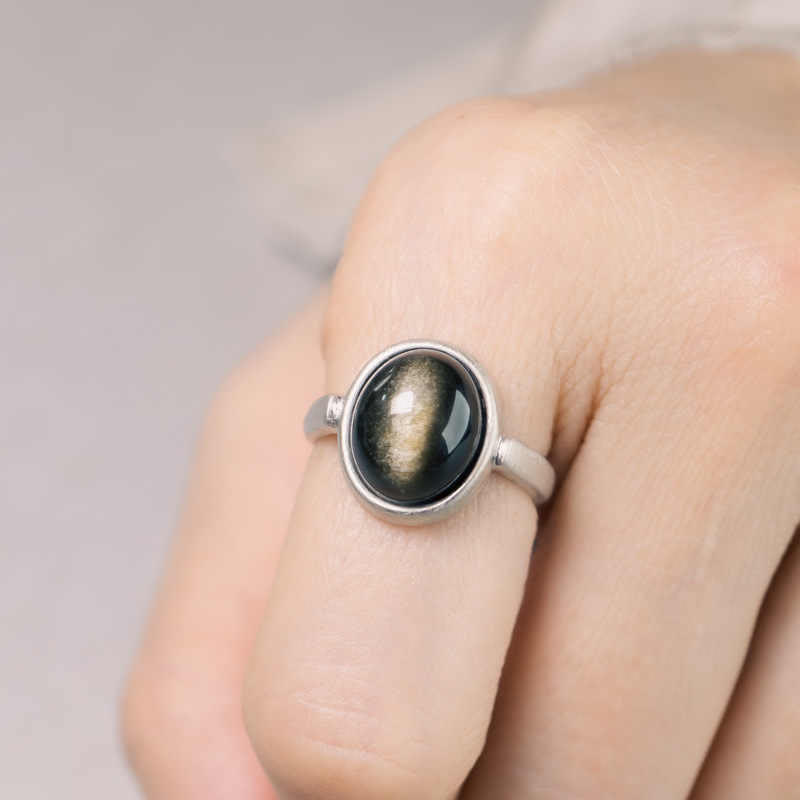 Natural Gold Sheen Obsidian 925 Sterling Silver Adjustable Minimalist Ring