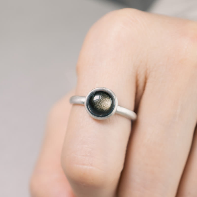 Natural Gold Sheen Obsidian 925 Sterling Silver Adjustable Minimalist Ring