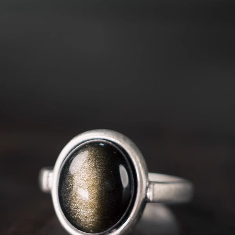 Natural Gold Sheen Obsidian 925 Sterling Silver Adjustable Minimalist Ring