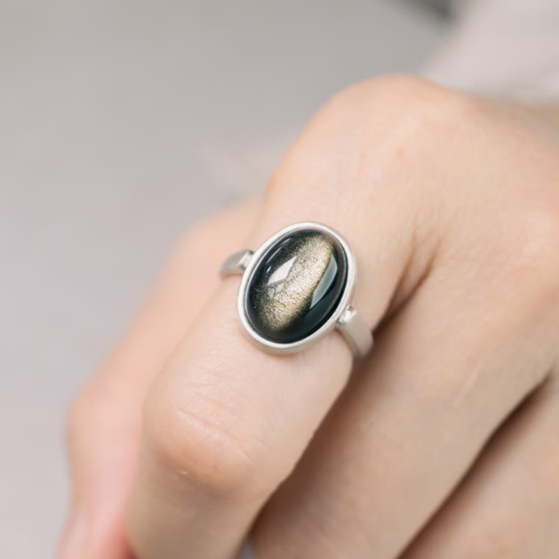 Natural Gold Sheen Obsidian 925 Sterling Silver Adjustable Minimalist Ring