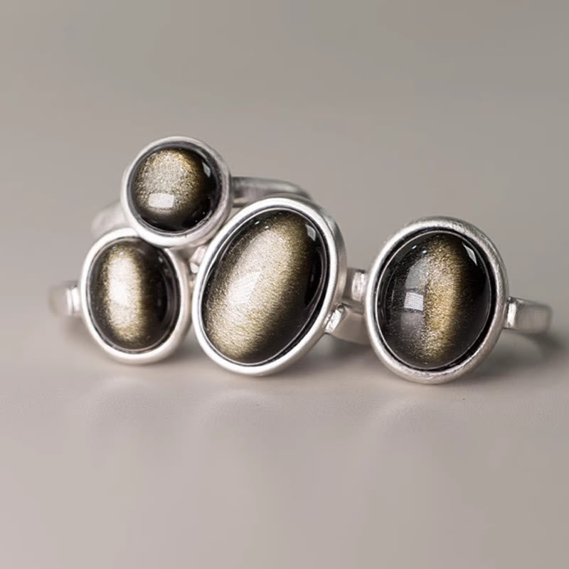 Natural Gold Sheen Obsidian 925 Sterling Silver Adjustable Minimalist Ring