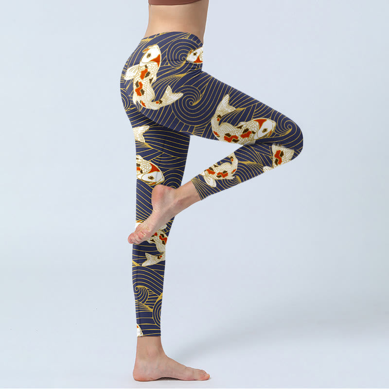 White Red Koi Fish Ocean Waves Print Gym Leggings Women's Yoga Pants
