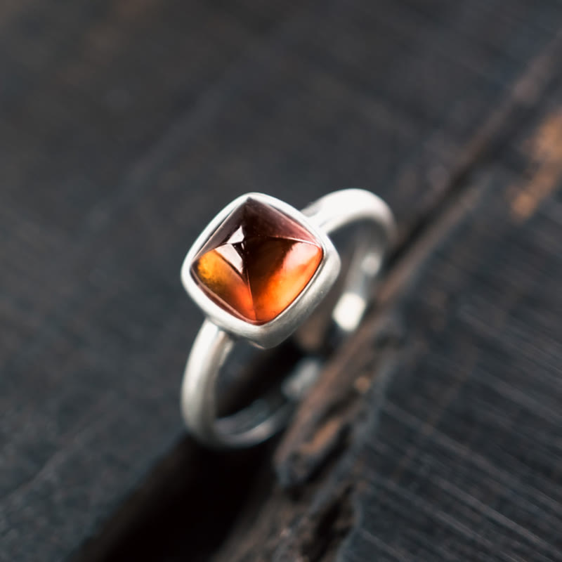 Natural Garnet Inlaid 925 Sterling Silver Adjustable Minimalist Ring