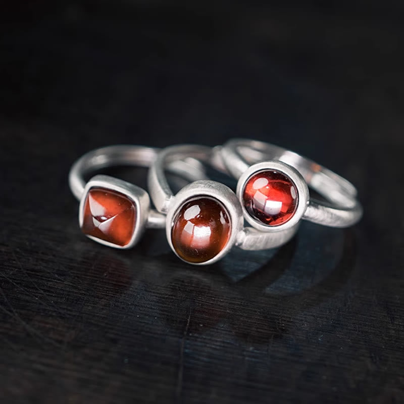 Natural Garnet Inlaid 925 Sterling Silver Adjustable Minimalist Ring
