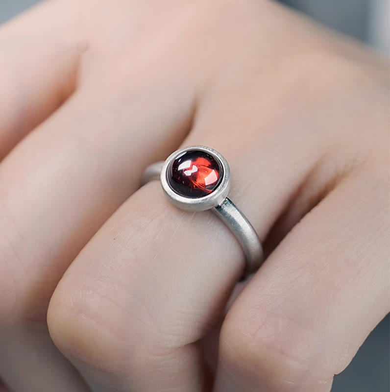 Natural Garnet Inlaid 925 Sterling Silver Adjustable Minimalist Ring