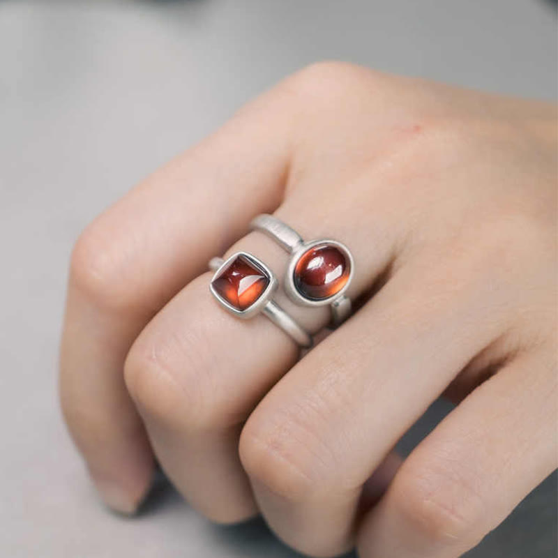 Natural Garnet Inlaid 925 Sterling Silver Adjustable Minimalist Ring