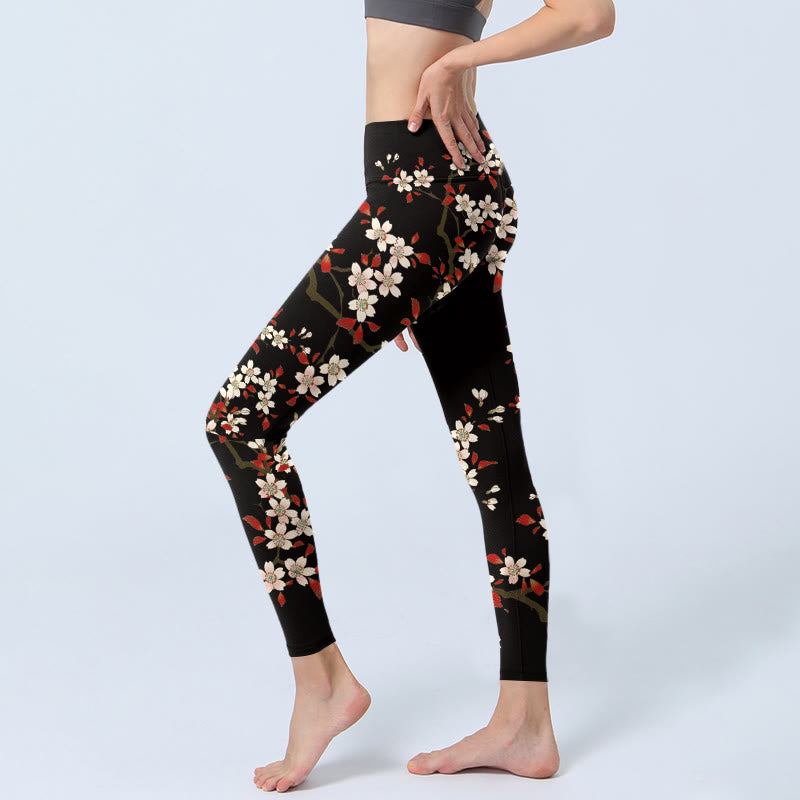 White Cherry Blossoms Red Leaves Print Gym Leggings Women's Yoga Pants