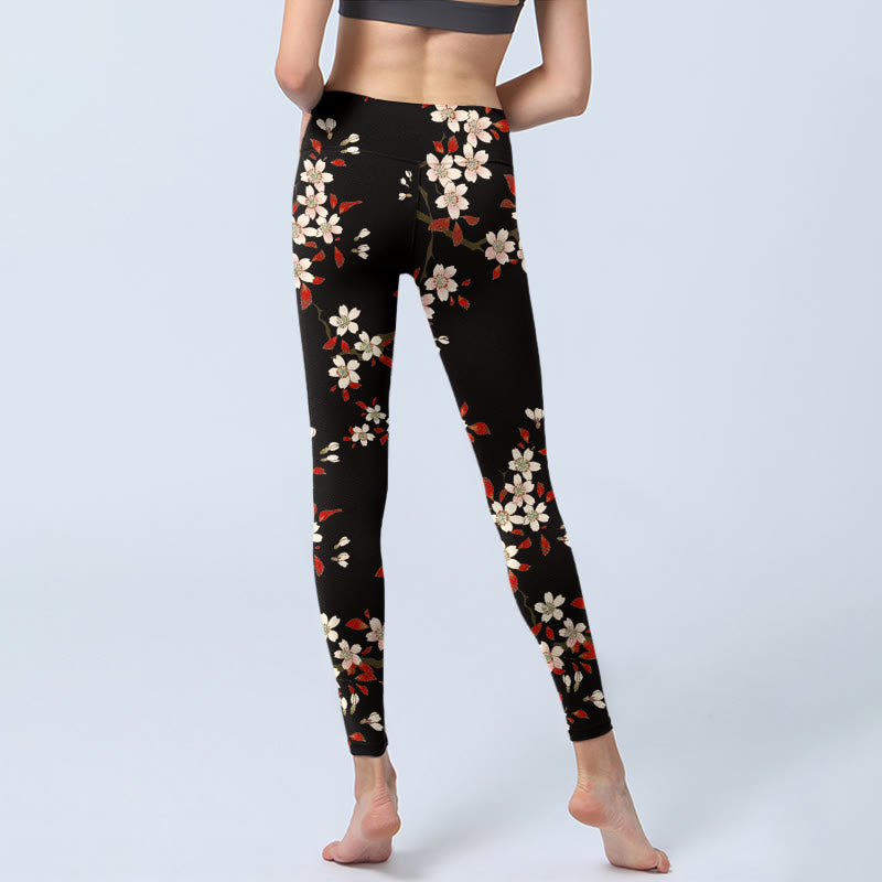 White Cherry Blossoms Red Leaves Print Gym Leggings Women's Yoga Pants