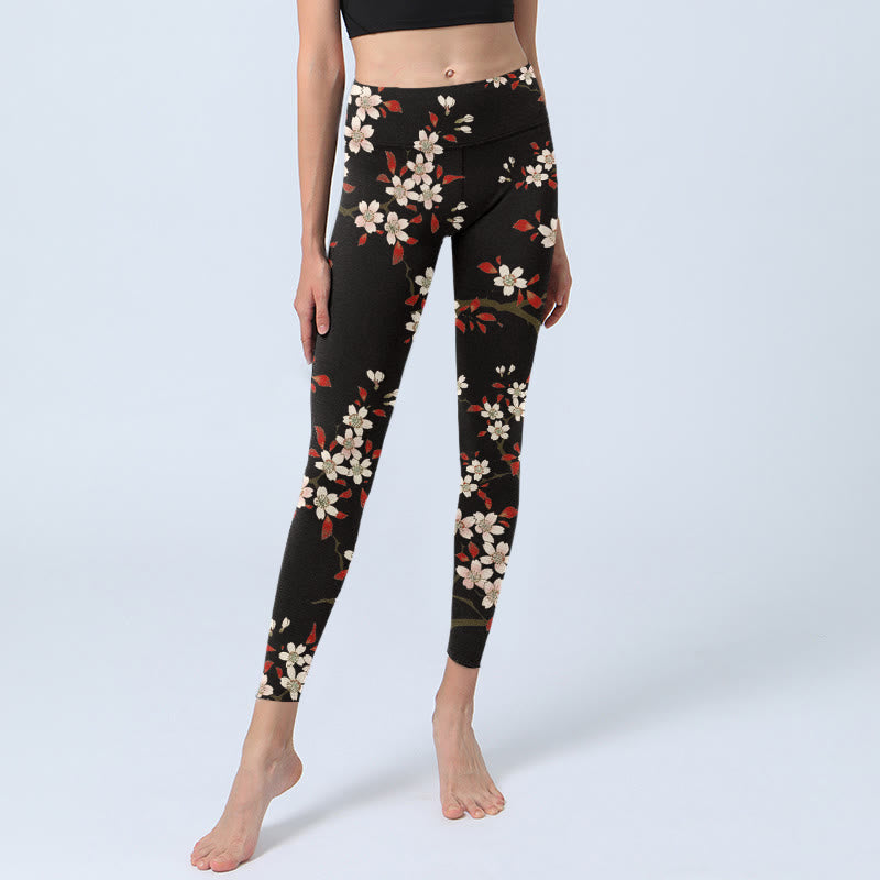 White Cherry Blossoms Red Leaves Print Gym Leggings Women's Yoga Pants