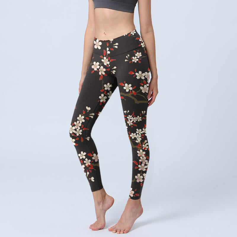 White Cherry Blossoms Red Leaves Print Gym Leggings Women's Yoga Pants