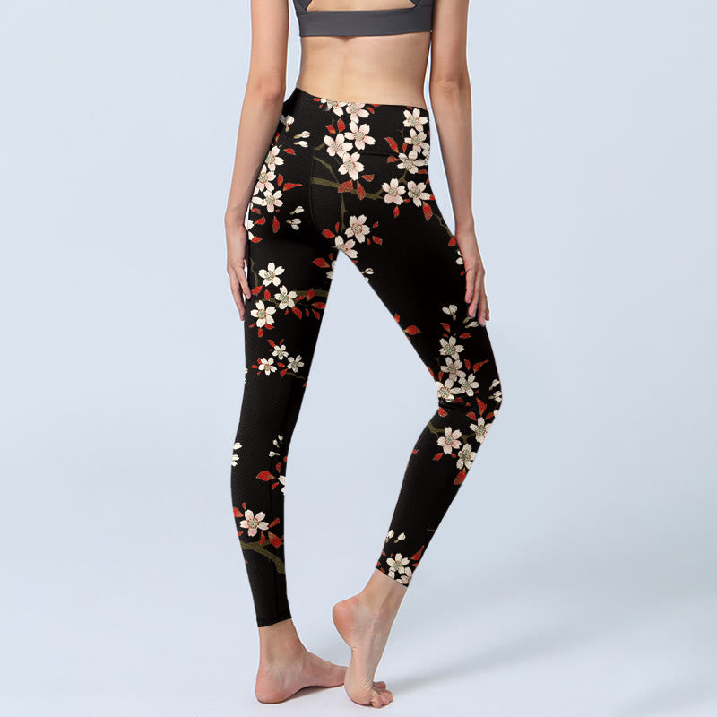 White Cherry Blossoms Red Leaves Print Gym Leggings Women's Yoga Pants