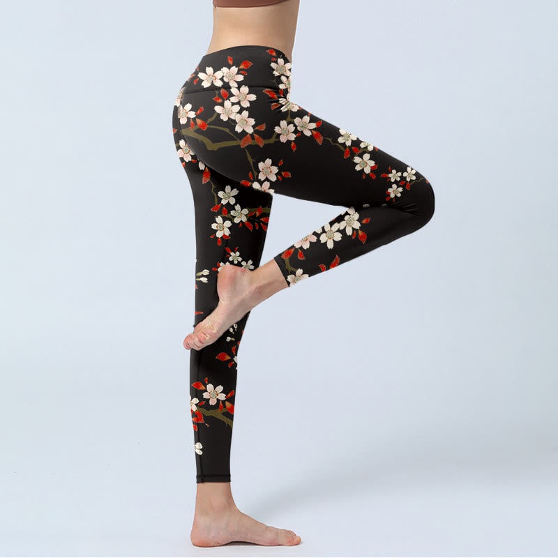 White Cherry Blossoms Red Leaves Print Gym Leggings Women's Yoga Pants