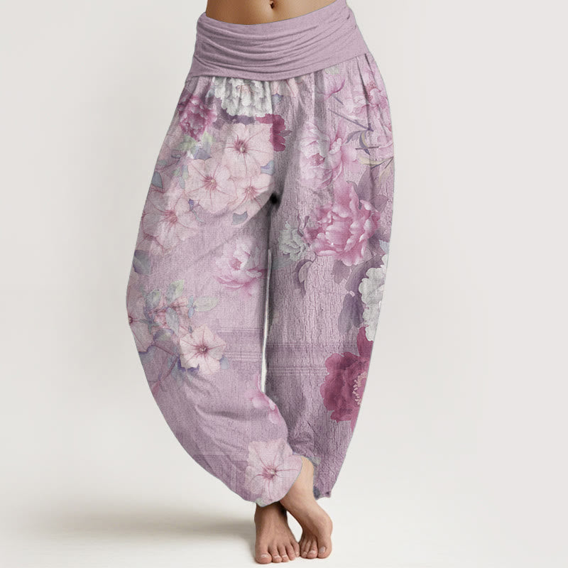 Pure Cotton Casual Peony Flower Women's Elastic Waist Harem Pants