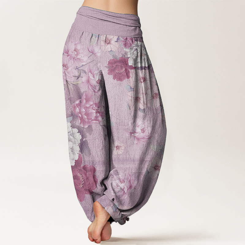 Pure Cotton Casual Peony Flower Women's Elastic Waist Harem Pants