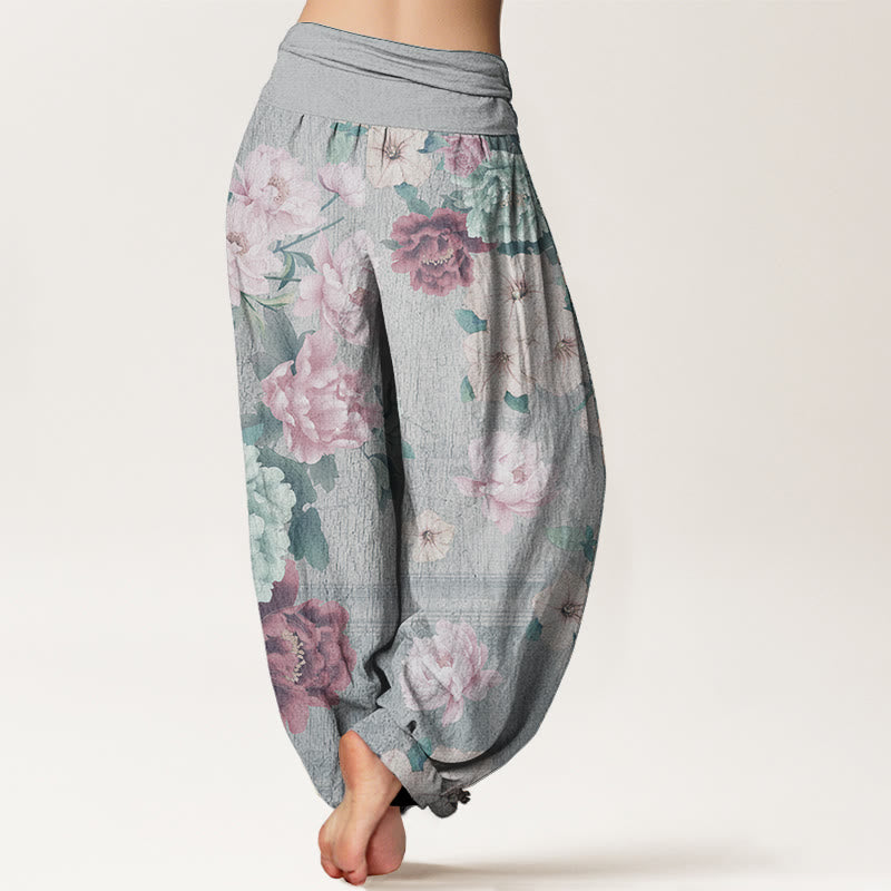 Pure Cotton Casual Peony Flower Women's Elastic Waist Harem Pants