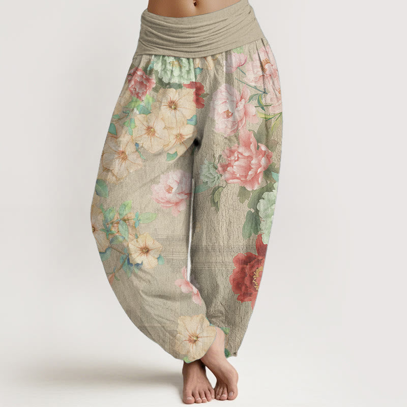 Pure Cotton Casual Peony Flower Women's Elastic Waist Harem Pants