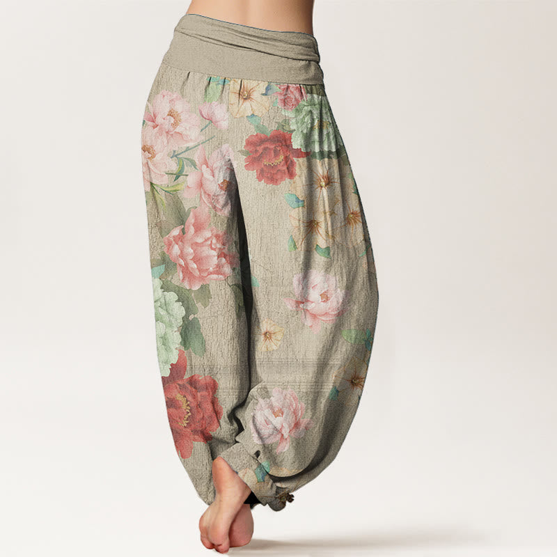 Pure Cotton Casual Peony Flower Women's Elastic Waist Harem Pants