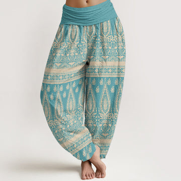 Pure Cotton Casual Feather Stripes Design Women's Elastic Waist Harem Pants