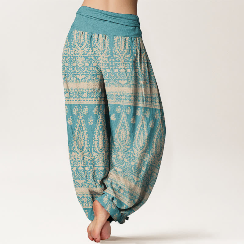 Pure Cotton Casual Feather Stripes Design Women's Elastic Waist Harem Pants