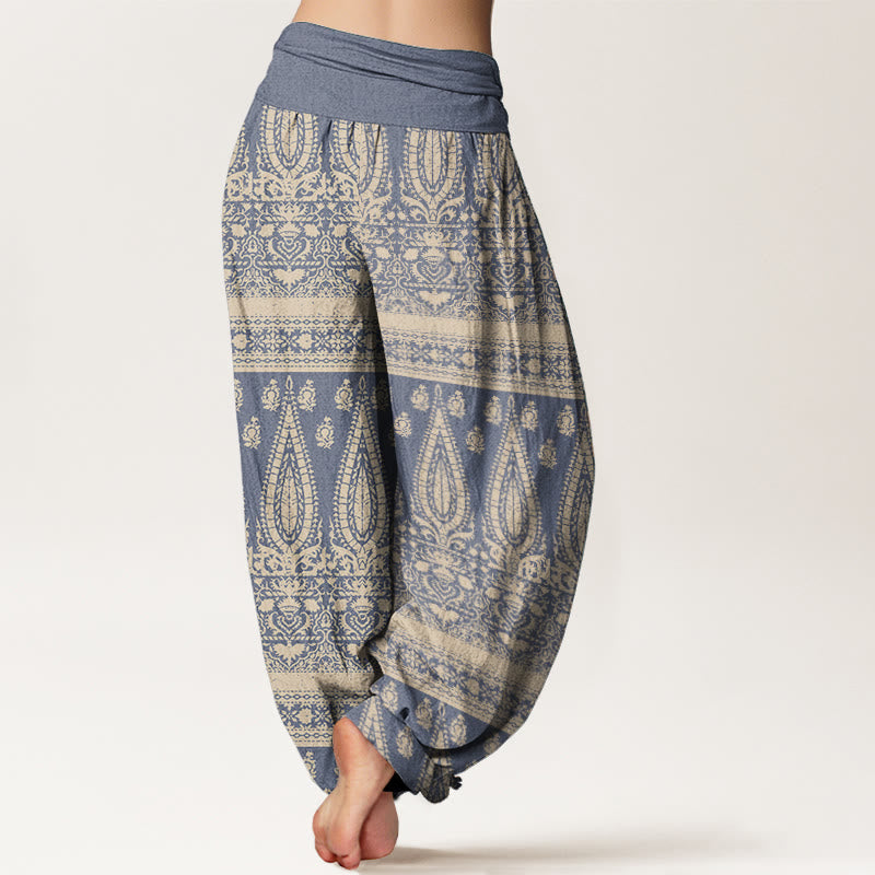 Pure Cotton Casual Feather Stripes Design Women's Elastic Waist Harem Pants