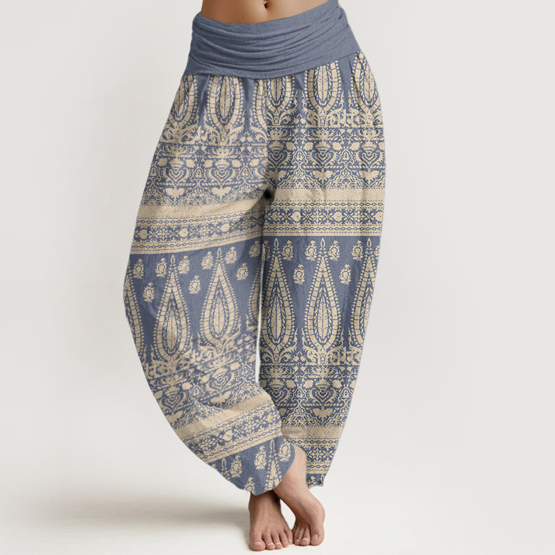 Pure Cotton Casual Feather Stripes Design Women's Elastic Waist Harem Pants