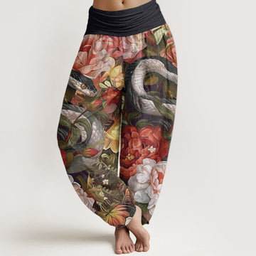 Breathable Cotton Snake Peony Print Mindful Movement Harem Pants