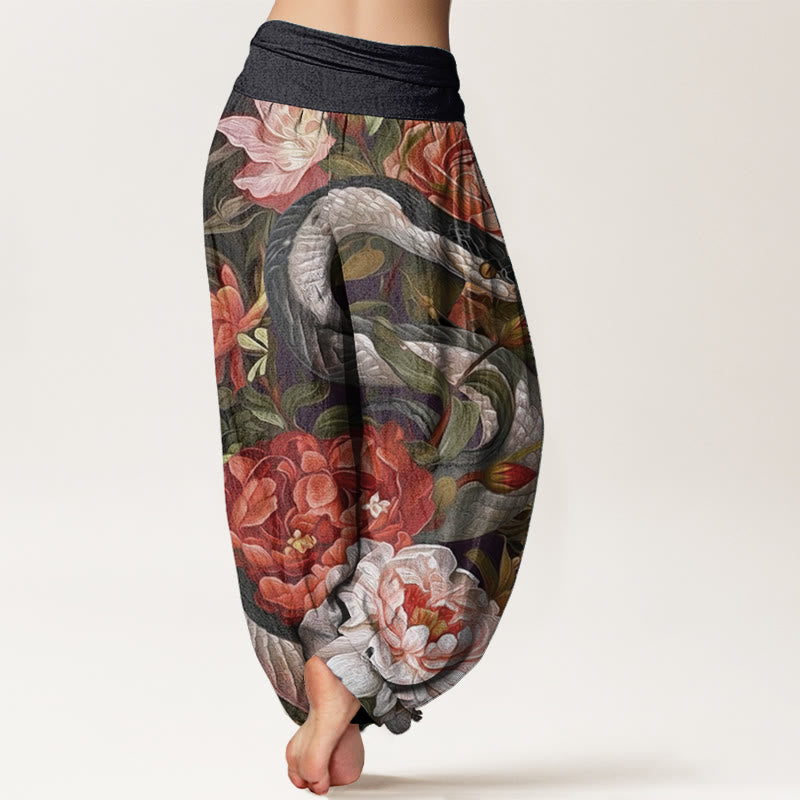 Breathable Cotton Snake Peony Print Mindful Movement Harem Pants
