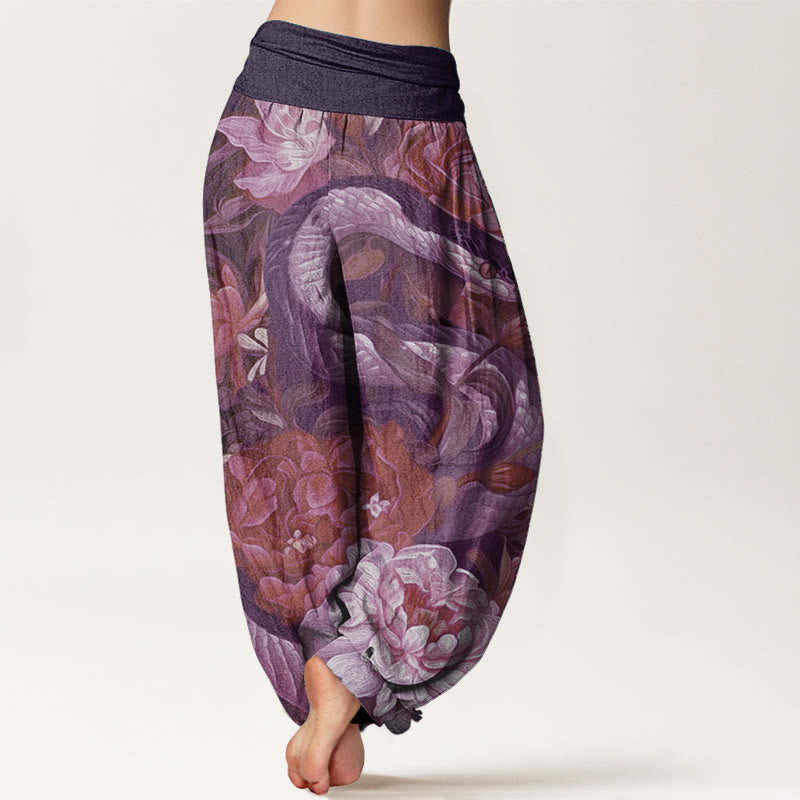 Breathable Cotton Snake Peony Print Mindful Movement Harem Pants
