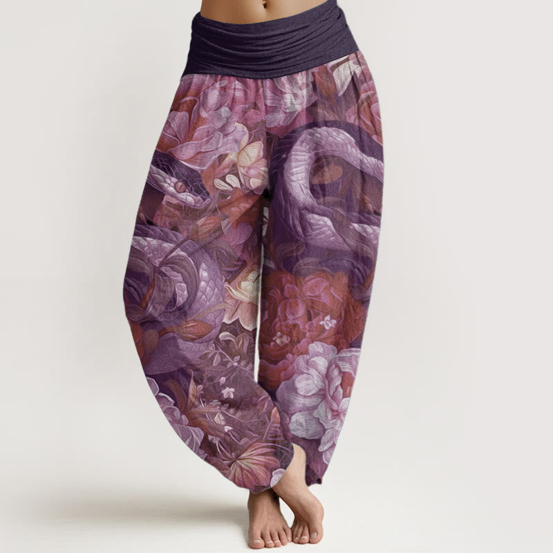 Breathable Cotton Snake Peony Print Mindful Movement Harem Pants
