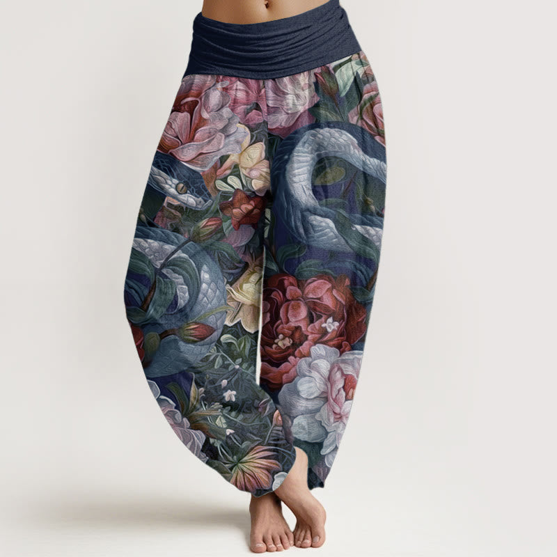 Breathable Cotton Snake Peony Print Mindful Movement Harem Pants
