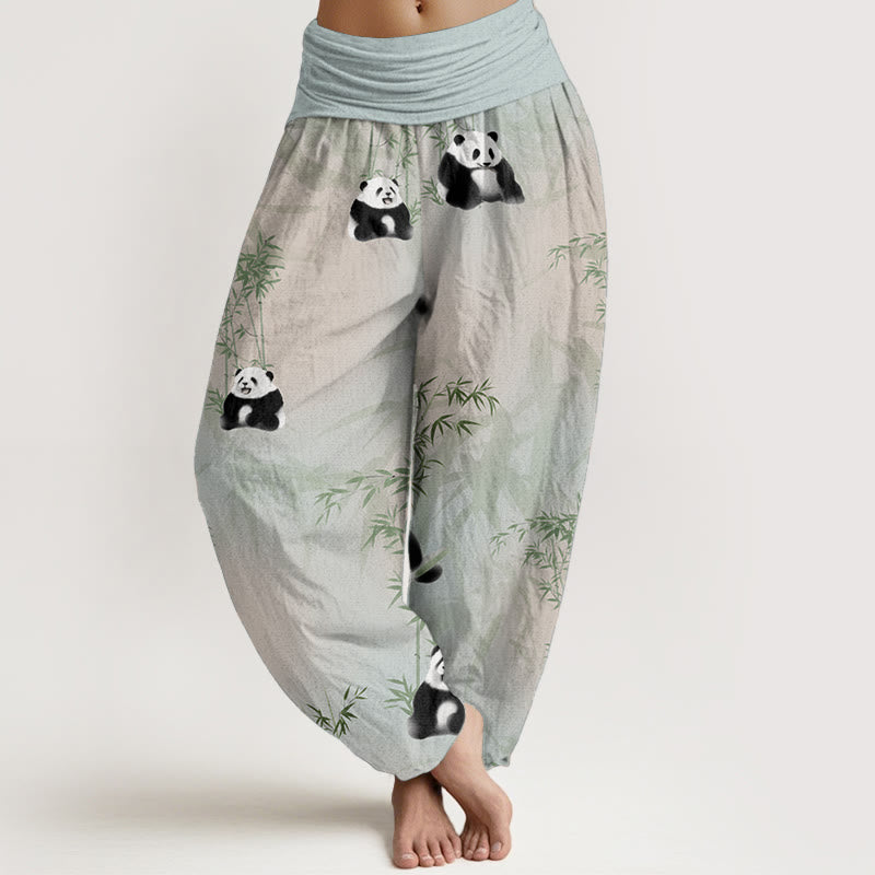 Pure Cotton Panda Bamboo Pattern Women's Elastic Waist Harem Pants