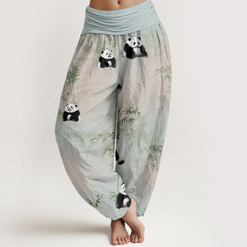 Pure Cotton Panda Bamboo Pattern Women's Elastic Waist Harem Pants