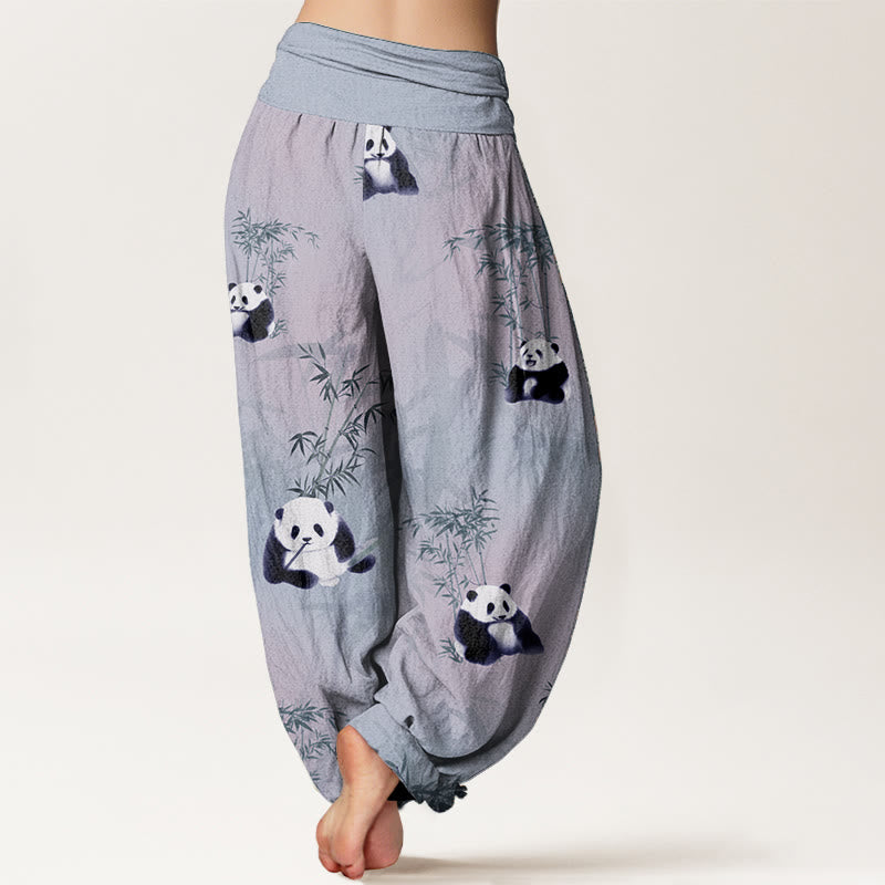 Pure Cotton Panda Bamboo Pattern Women's Elastic Waist Harem Pants