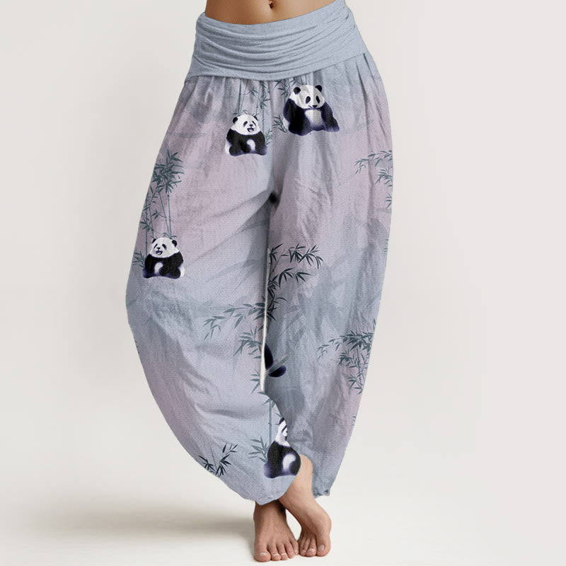 Pure Cotton Panda Bamboo Pattern Women's Elastic Waist Harem Pants