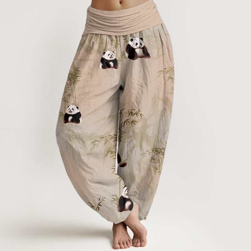 Pure Cotton Panda Bamboo Pattern Women's Elastic Waist Harem Pants