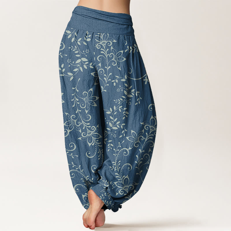 Pure Cotton Casual Flowers Vine Design Women's Elastic Waist Harem Pants