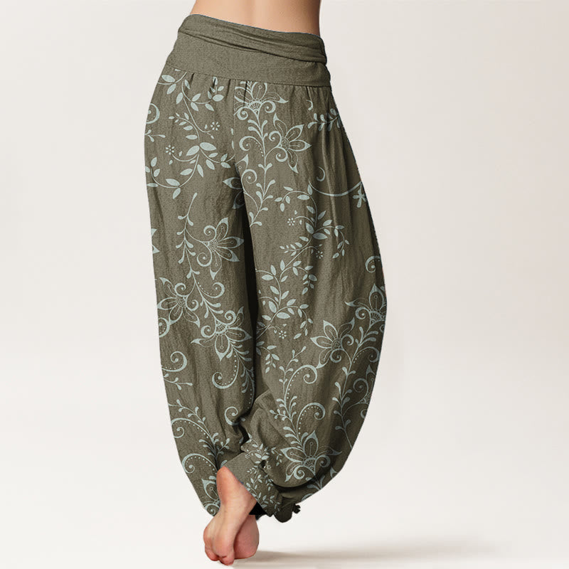Pure Cotton Casual Flowers Vine Design Women's Elastic Waist Harem Pants