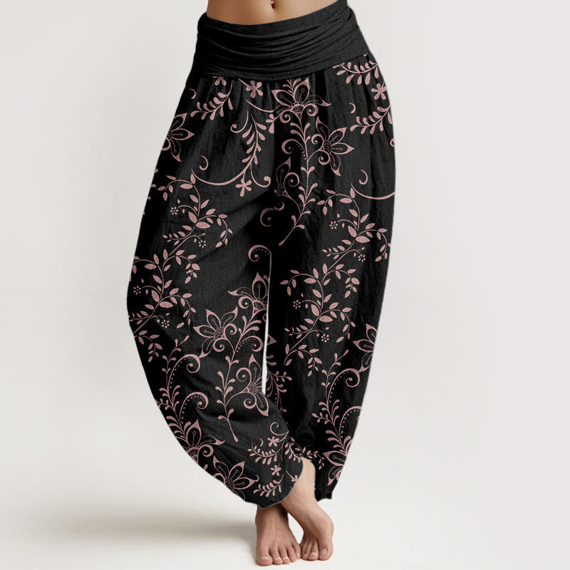 Pure Cotton Casual Flowers Vine Design Women's Elastic Waist Harem Pants