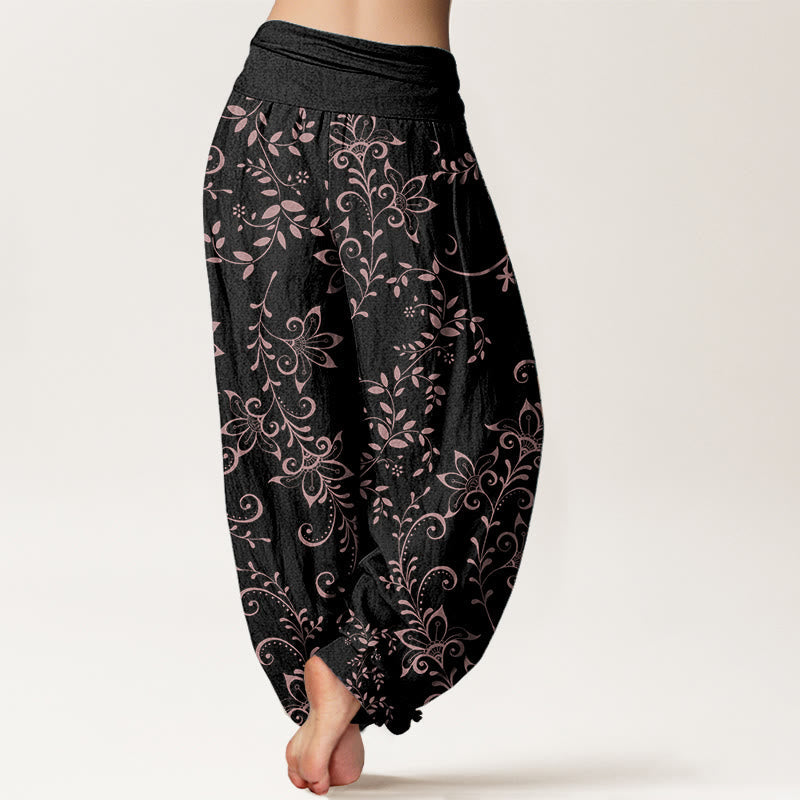 Pure Cotton Casual Flowers Vine Design Women's Elastic Waist Harem Pants