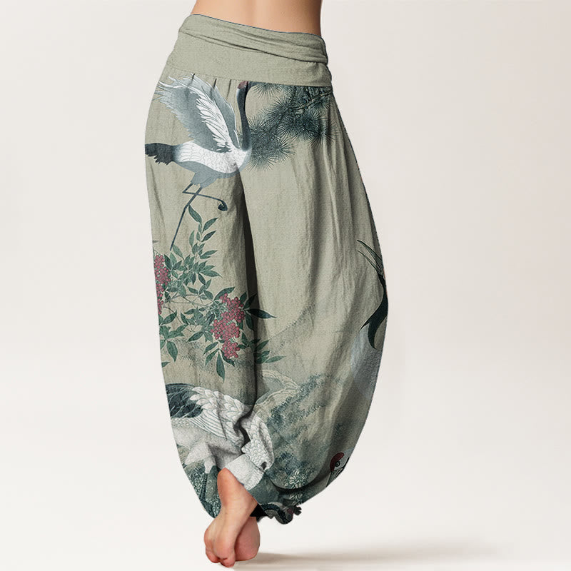 Pure Cotton Crane and Mountain Print Meditation Harem Pants
