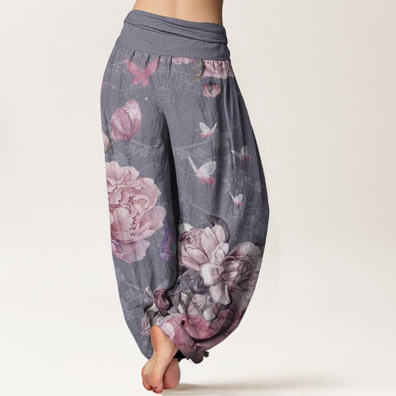 Pure Cotton Casual Bright Peony Flower Butterfly Women's Elastic Waist Harem Pants