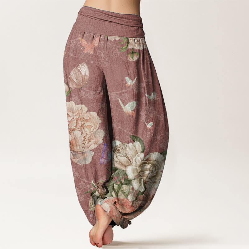 Pure Cotton Casual Bright Peony Flower Butterfly Women's Elastic Waist Harem Pants