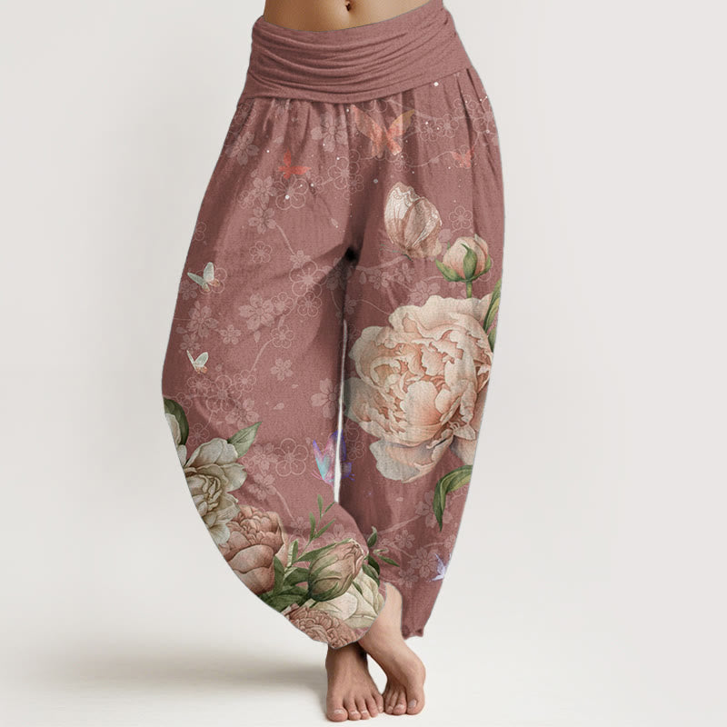 Pure Cotton Casual Bright Peony Flower Butterfly Women's Elastic Waist Harem Pants