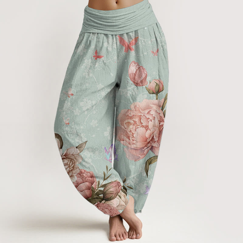 Pure Cotton Casual Bright Peony Flower Butterfly Women's Elastic Waist Harem Pants
